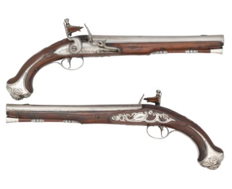 A PAIR OF 14 BORE SILVER-MOUNTED FLINTLOCK HOLSTER PISTOLS BY W. TURVEY, LONDON, LONDON PROOF MARKS AND SILVER HALLMARKS FOR 