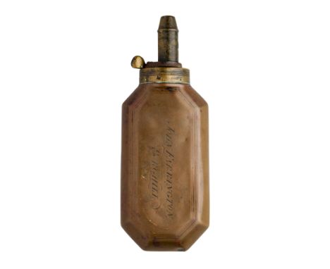 A POWDER-FLASK, DATED 1820 with flattened brass body formed with a pronounced bevelled edge, inscribed ‘John Farrington’ and 