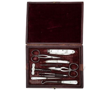 A MOTHER-OF-PEARL MOUNTED MANICURE SET, MACDANIEL, OXFORD STREET, EARLY 20TH CENTURY AND A CASED PAIR OF FRENCH SCISSORS, 20T