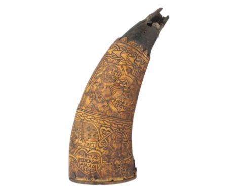 ‡ A NORWEGIAN ENGRAVED COW HORN POWDER-FLASK, MARCUS PEDERSON, DATED 1664 with curved body of circular section, engraved over