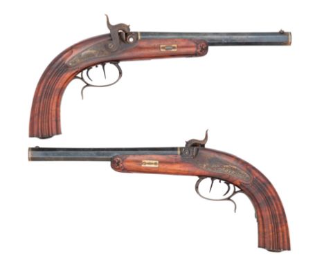 A CASED PAIR OF GERMAN (SAXON) 54 BORE PERCUSSION RIFLED TARGET PISTOLS BY ULBRICH, DRESDEN, CIRCA 1840 with blued octagonal 