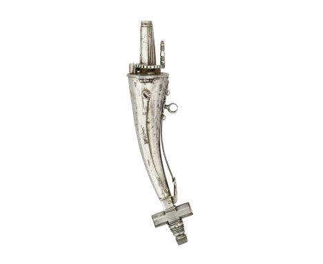 A GERMAN COMBINED POWDER-FLASK, WHEEL-LOCK SPANNER AND TURNSCREW, EARLY 17TH CENTURY with tapering faceted horn-shaped body, 