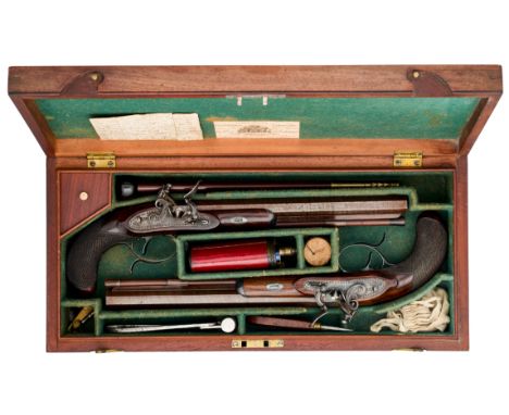 ˜ A FINE CASED PAIR OF 36 BORE FLINTLOCK DUELLING PISTOLS BY DURS EGG, NO. 1 PALL MALL COLONNADE, LONDON, NO. 823, LONDON PRO