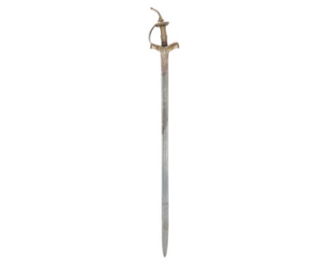 AN UNUSUAL INDIAN SWORD (KHANDA), 18TH CENTURY with fullered blade double-edged towards the point, stamped with a series of l
