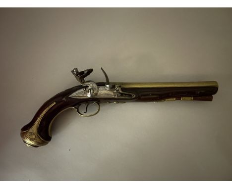 A 16 BORE FLINTLOCK PISTOL BY RICHARD WILSON, MINORIES, LONDON, LONDON PROOF MARKS, CIRCA 1750 with swamped brass barrel, ins