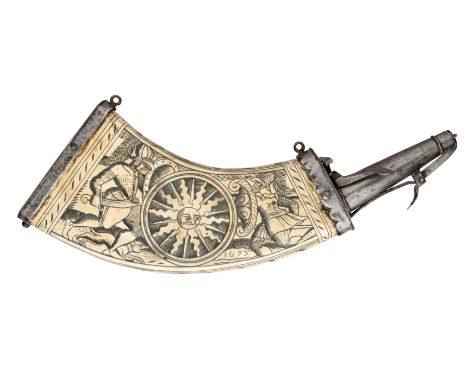 A GERMAN ENGRAVED COWHORN POWDER-FLASK, DATED 1615 with curved flattened body, the inner face engraved with a pattern of conc