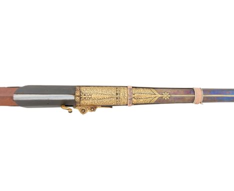 A FINE 16 BORE NORTH INDIAN MATCHLOCK GUN (TORADOR), 18TH/19TH CENTURY, PROBABLY JAIPUR, RAJASTHAN with blued tapering sighte