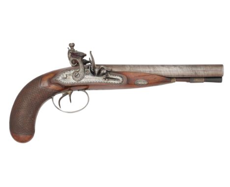 A 21 BORE D.B. FLINTLOCK CARRIAGE PISTOL BY JACKSON MORTIMER &amp; SON, CIRCA 1813-16 with browned twist sighted barrels sign