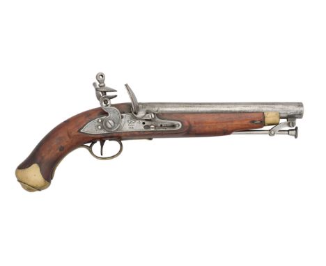A .65 CALIBRE NEW LAND PATTERN FLINTLOCK PISTOL, CIRCA 1800 of regulation type, with tapering barrel stamped with Ordnance ma