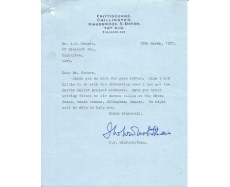 Frederick Winterbotham typed signed letter 1977 to WW2 book author Alan Cooper regarding Barnes Wallis. Frederick William Win