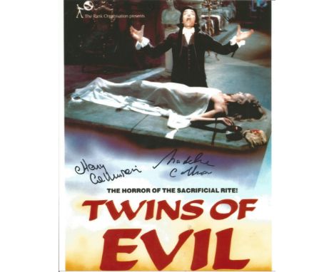 Twins of Evil Collinson twins hand signed 10x8 photo. This beautiful hand signed photo depicts the cover for the Hammer Horro
