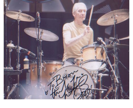 Rolling Stones  Charlie Watts. 10x8 signed photo playing drums. Good Condition. All signed pieces come with a Certificate of 