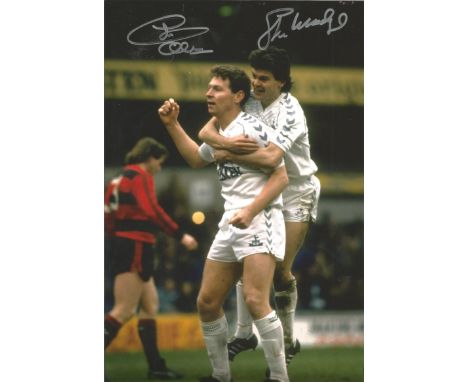 Autographed TOTTENHAM 1987 photo, a superb image depicting STEVE HODGE celebrating with goalscorer CLIVE ALLEN, after the win