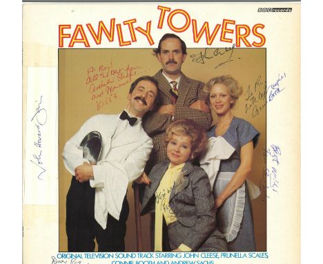 Fawlty Towers original soundtrack album signed on the cover by John Cleese, Andrew Sachs, Prunella Scales, Connie Bush, Brian