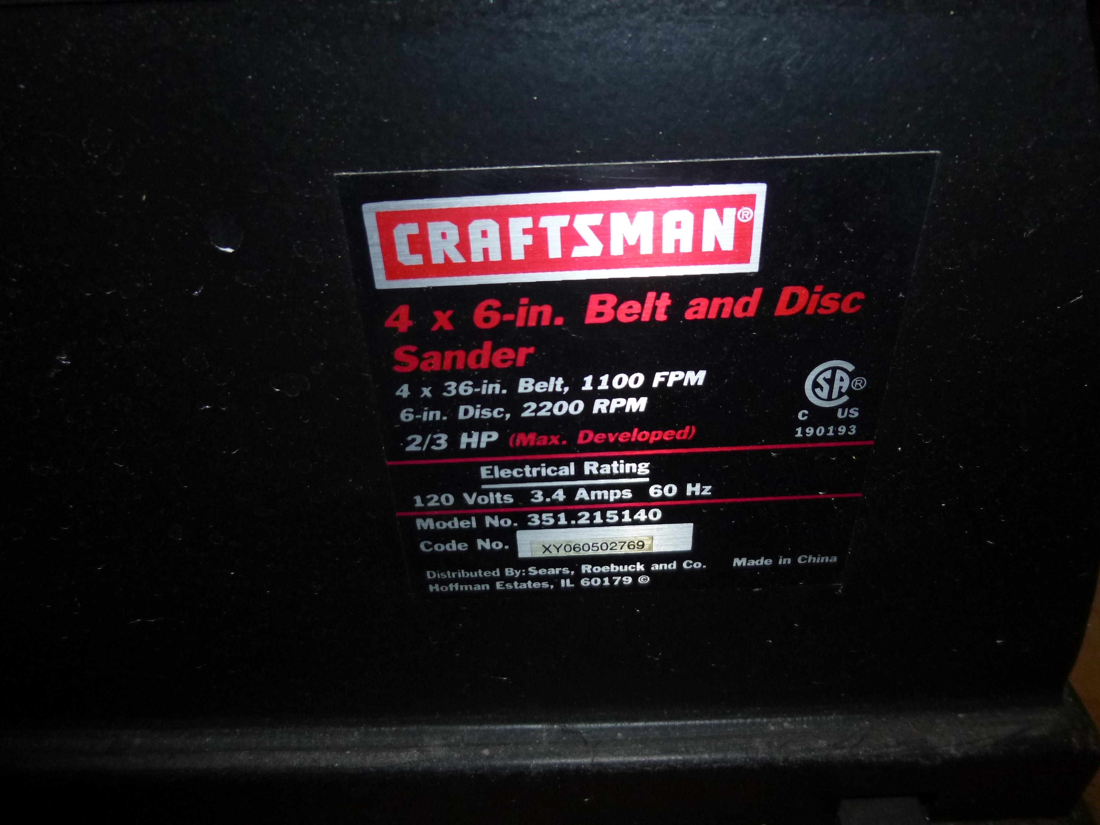 Craftsman Belt and disc combo sander 4x36" belt, and 6" disc model 351.