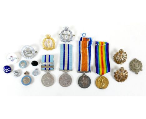 A group military medals and badges, comprising WWI War and Victory medals for '5987 A. Cpl. J. S. Kenchington 21-Lond. R', an