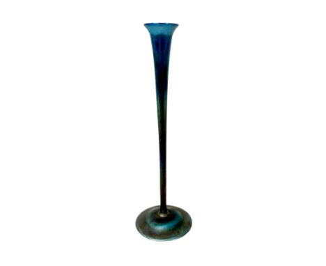 A Tiffany Favrile iridescent blue glass vase, numbered '9666 K' and signed L. C. Tiffany Favrile' to its base, 7.5 by 25.5cm 