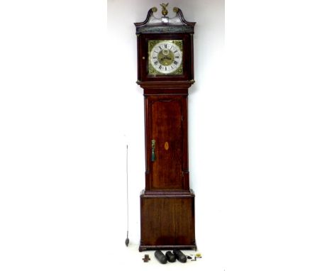 A George III oak long case clock, brass dial, signed ‘Jon Bancroft of Stockport’, brass dial, silvered chapter ring, twin tra