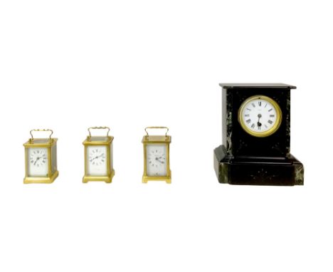 Four 19th century and later clocks, comprising three brass carriage clocks, a  two 19th century clocks, including an English 