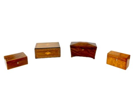 A group of four 19th century wooden boxes, comprising a mahogany sarcophagus form tea caddy with glass mixing bowl and two li