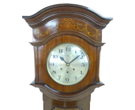 A fine mahogany and inlaid cased eight day mid sized / grandmother longcase clock, 7 inch circular silvered dial signed Warin