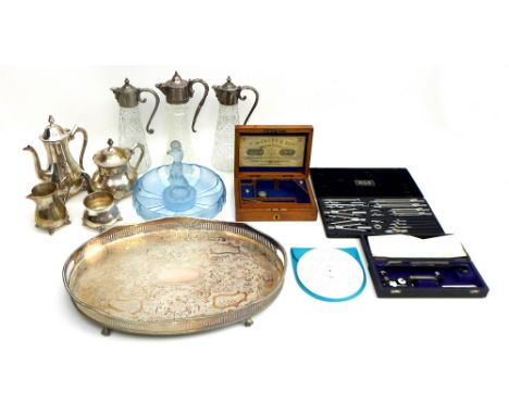 A collection of silver plate, drawing implements, and boxes, including a Sheffield EPNS serving plate, a P. Webley and Sons p