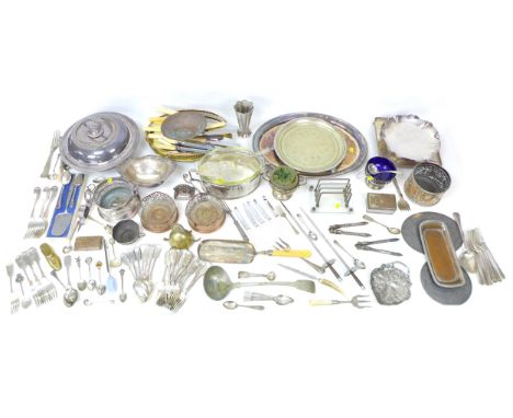 A group of silver plated items, including trays, dishes, bowls, a latter rack, and some flatware. (1 box)