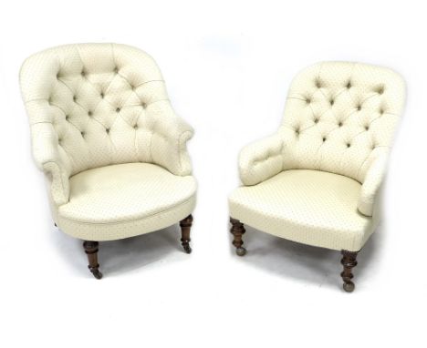 Two Victorian button back tub chairs, both upholstered in cream, turned mahogany legs raised upon castors, a Gentleman's chai