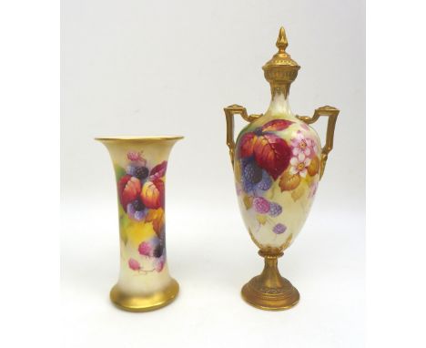 Two pieces of Royal Worcester by Kitty Blake, comprising a trumpet vase, painted with Autumn fruit, factory mark and 'G323'  