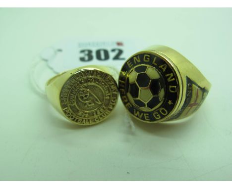 Sheffield Wednesday; A 9ct Gold Gent's Ring, (finger size T1/2) (7grams); Together with Another 9ct Gold Gent's Ring, "Englan