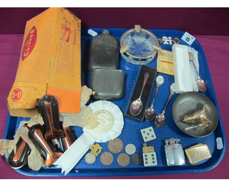 Vintage Carpet Clips, novelty vintage domino lighter, souvenir teaspoons, pewter hip flask (damages), dish, lighters, 1962 Ju