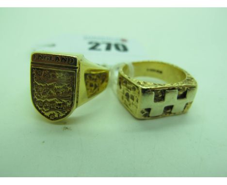 A 9ct Gold 'England' Gent's Ring, (finger size S) (7grams); Another 9ct Gold Ring, (finger size M) (7.5grams). (2) 