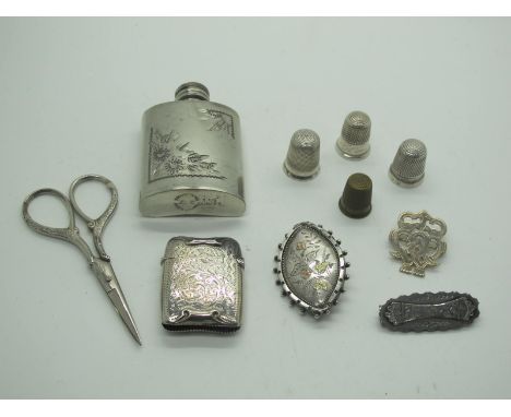 A Hallmarked Silver Vesta Case, allover decorated, hallmarked silver and other thimbles, scissors, an Aesthetic locket back b