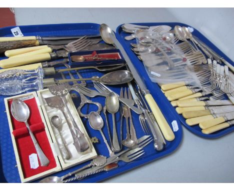 A Mixed Lot of Assorted Plated Cutlery, including two sets of hallmarked silver coffee spoons, a hallmarked silver sauce ladl