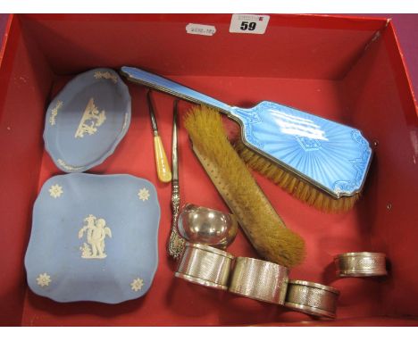 Hallmarked Silver and Blue Enamel Backed Dressing Table Brushes, (damages); hallmarked silver napkin rings, Wedgwood Jasperwa