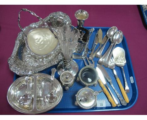 Plated Ware, including three piece cruet, sardine fork, etched glass vase on plated stand, decorative swing handled dish, bot