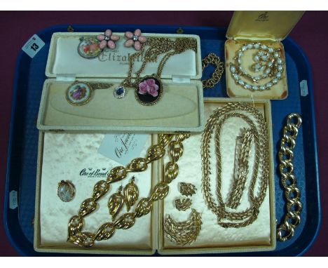 Trifari and Other Costume Jewellery, including ceramic Limoges style pendants, Trifari imitation pearl necklace and matching 
