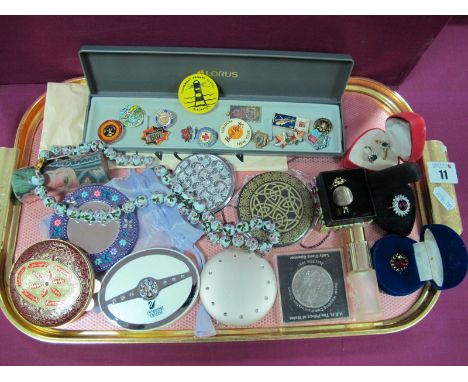 Swarovski and Other Compact Mirrors, costume dress rings, enamel and other badges including 1967 Soviet helicopter badge, "Yo