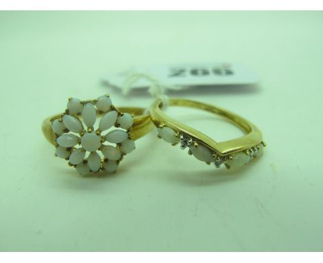 A 9ct Gold Opal Cluster Dress Ring, (finger size S); Together with A 9ct Gold Opal Set Ring, of shaped design (finger size N1