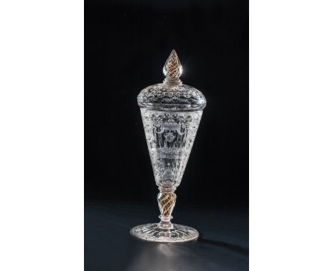 Der Villingen Pokal - mit Deckel, Wappen und Stadtansicht Riesengebirge, um 1720-1725 Scheibenfuß mit Abriss und geschliffene