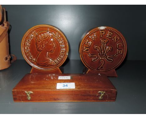 A geometry set and two penny savings banks 