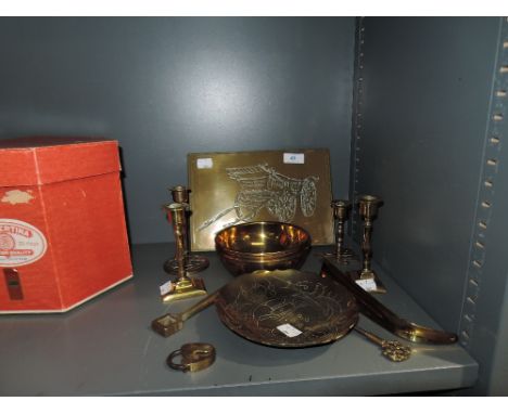 A selection of brass wares including antique candle stick pairs