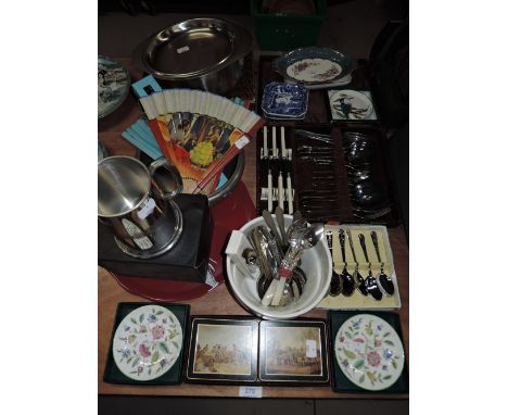 A selection of miscellaneous including boxed Minton Haddon Hall trinket dishes, boxed flatware , vintage fans etc