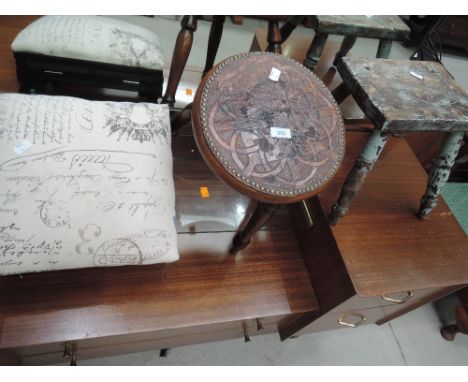 Three vintage stools including tooled leather top