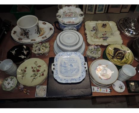 A large selection of ceramics etc including Grimwades geese pattern , 19th Century Worcester plates, Poole trinket and goblin