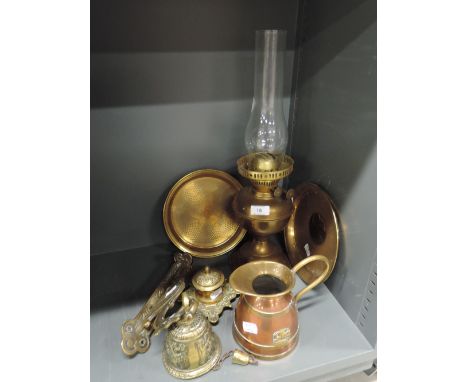 A selection of brass wares including bell with wall bracket and desk top ink well