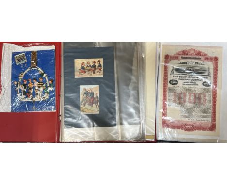 A folder of share certificates for The Southern Indiana Railway Company, Manilla Railway Company 1906, Mount Pleasant and Sea
