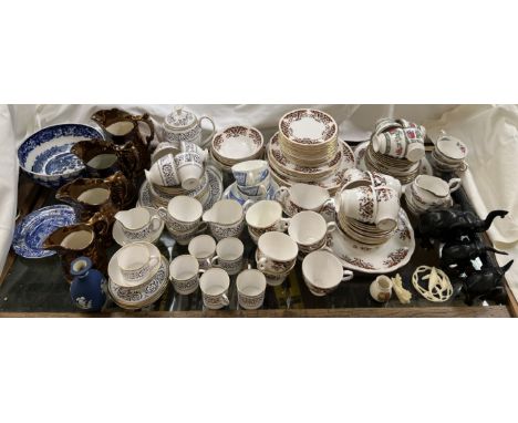 A Shelley Black Grecian Scroll pattern part tea and coffee set together with a Colclough part tea service, copper lustre jugs