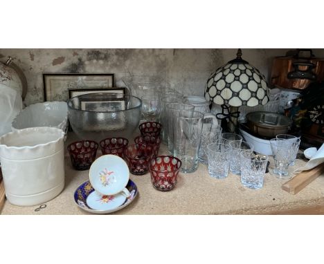 A Tiffany style table lamp together with drinking glasses, copper lidded pan, prints etc 