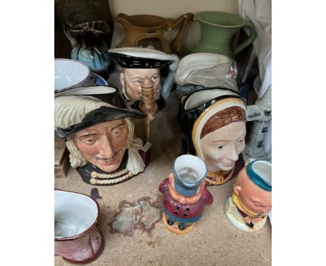 Assorted Royal Doulton character jugs including Aramis D6441, Henry VIII D6642, The Poacher D6429 and Catherine of Aragon D66